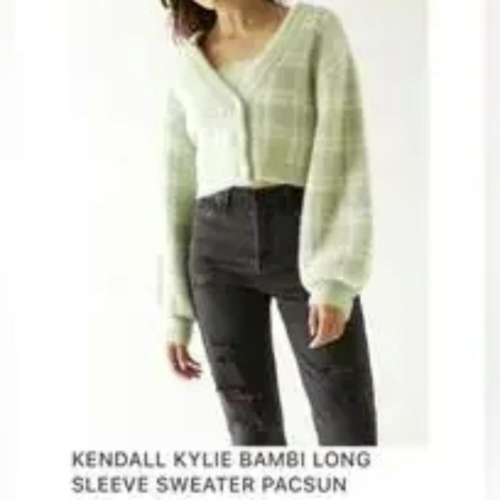 Kendall & Kylie Bambi Long Sleeve Button-Up Sweater Size M Green Plaid Cardigan - Picture 8 of 8